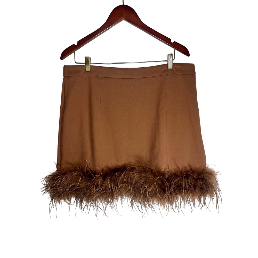 Meritt Skirt Womens 1X CinnamonBrown Feather Trim Mini Stretch Zip NWT